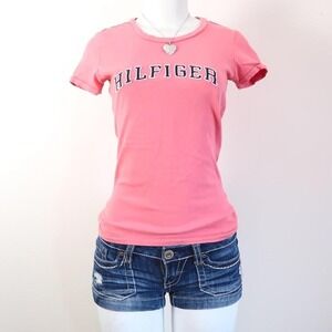 tommy hilfiger pink spellout tee fitted preppy y2k size XS
